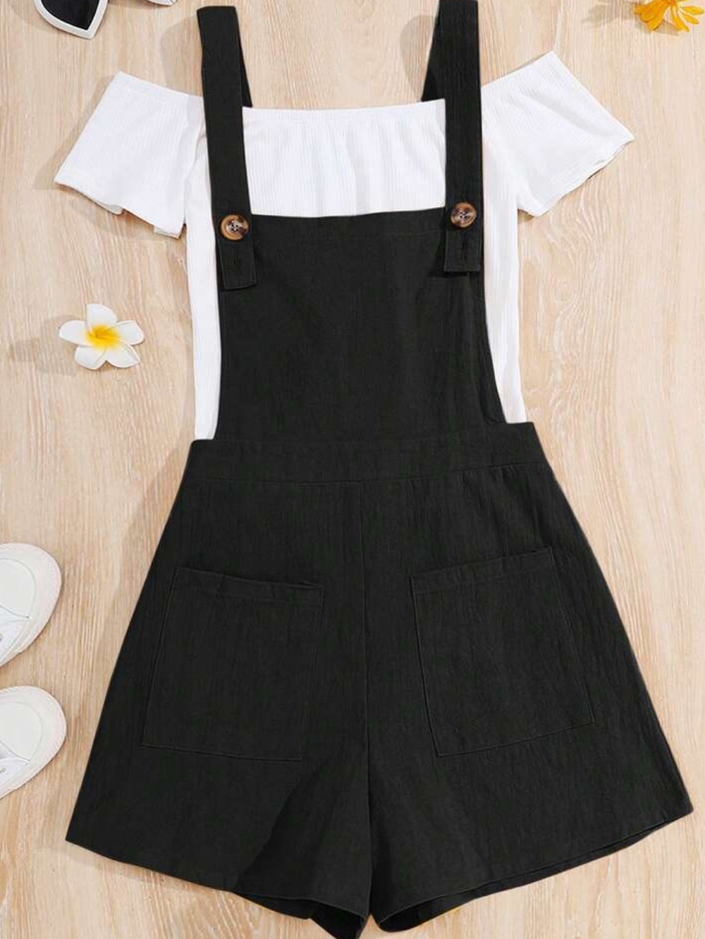 Black One Piece Jumpsuit Overall Shorts Romper Brown Buttons Size 8-9Y
